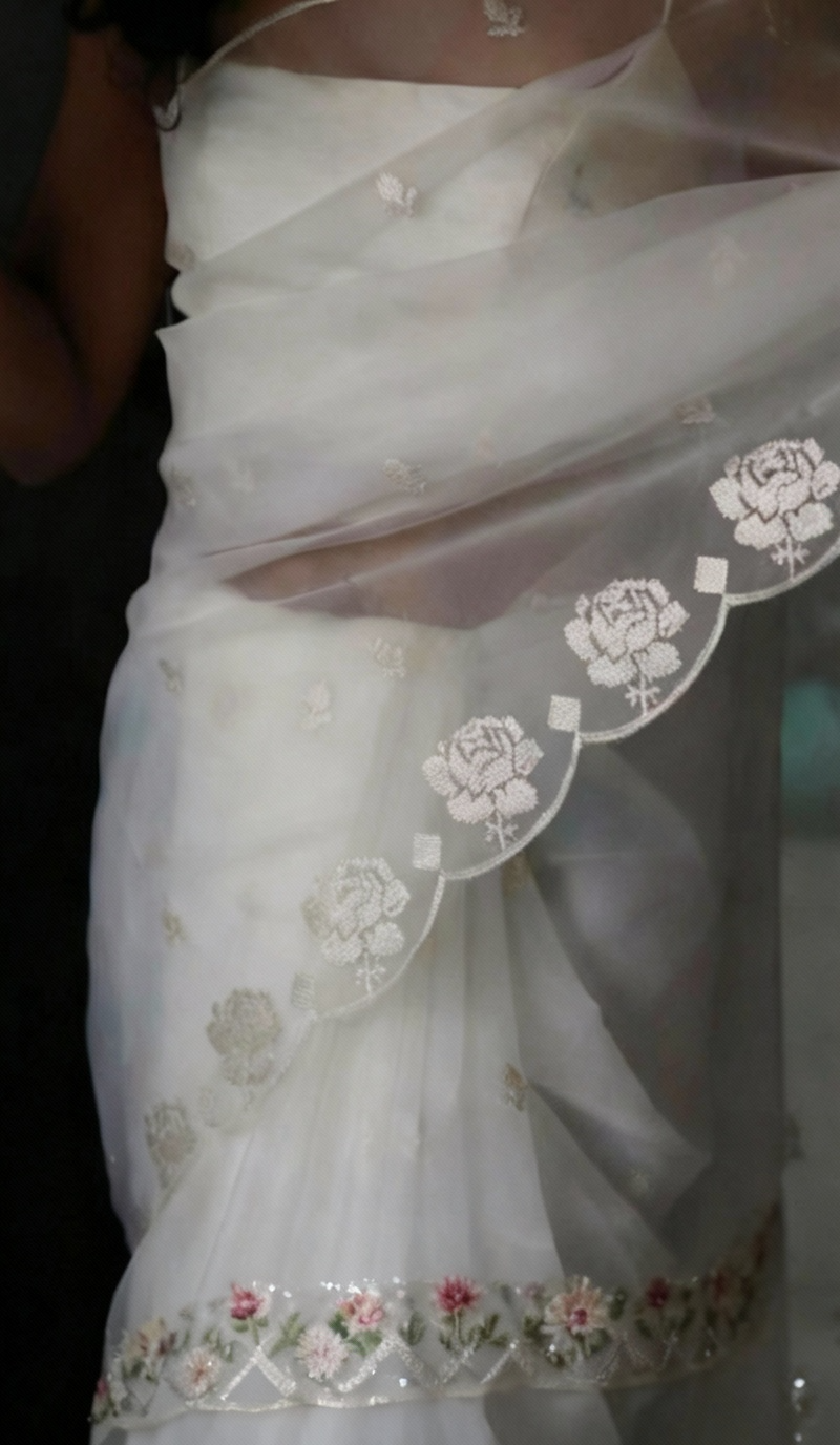 White Pure Organza Saree with Sequins Embroidery Border Work Blouse