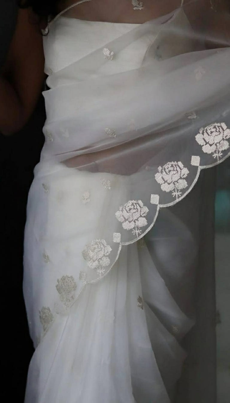 White Pure Organza Saree with Sequins Embroidery Border Work Blouse