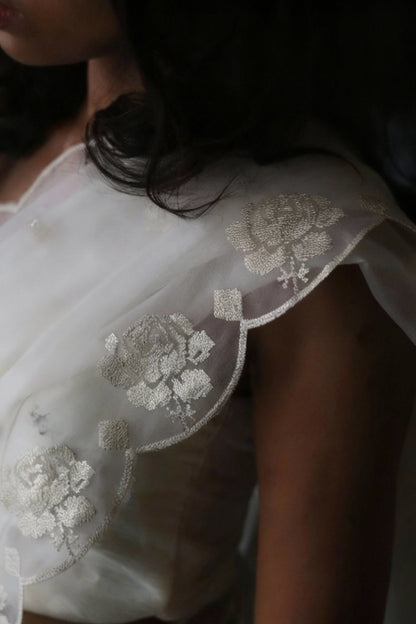 White Pure Organza Saree with Sequins Embroidery Border Work Blouse