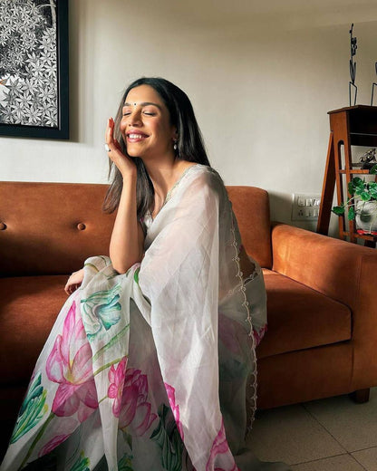 White Tebi Silk Digital Pink and Green Floral Print Flower Saree