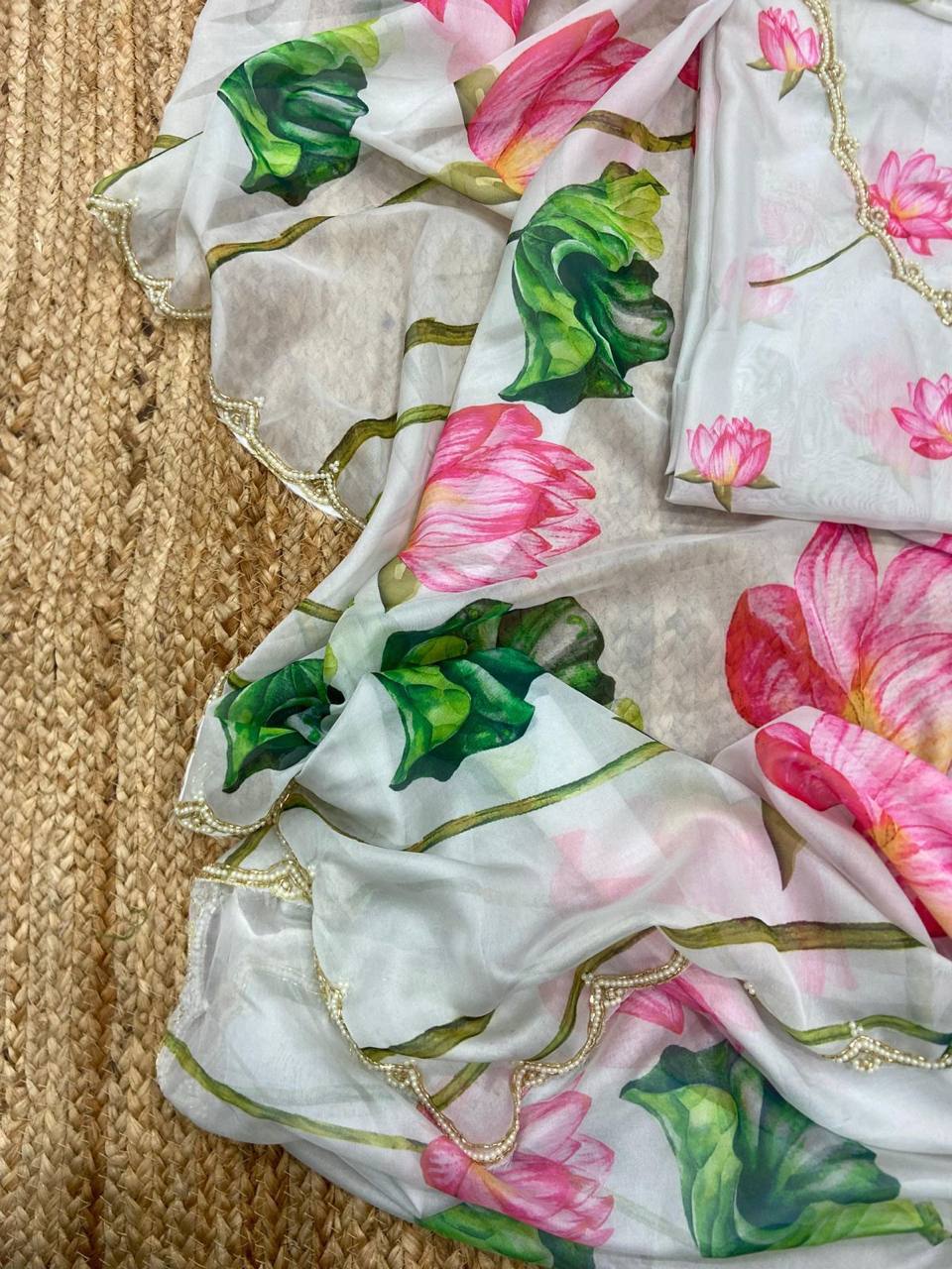 White Tebi Silk Digital Pink and Green Floral Print Flower Saree