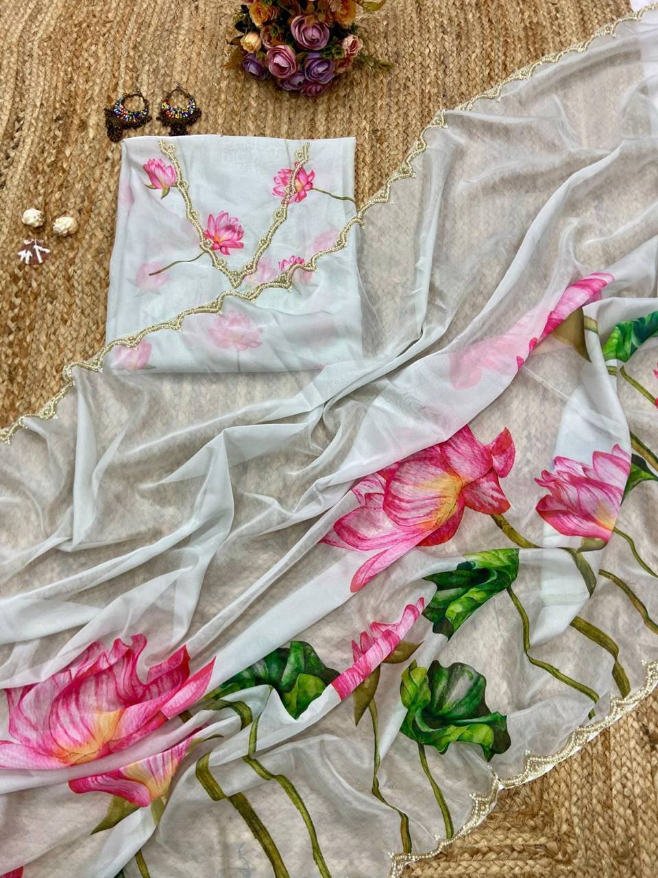 White Tebi Silk Digital Pink and Green Floral Print Flower Saree