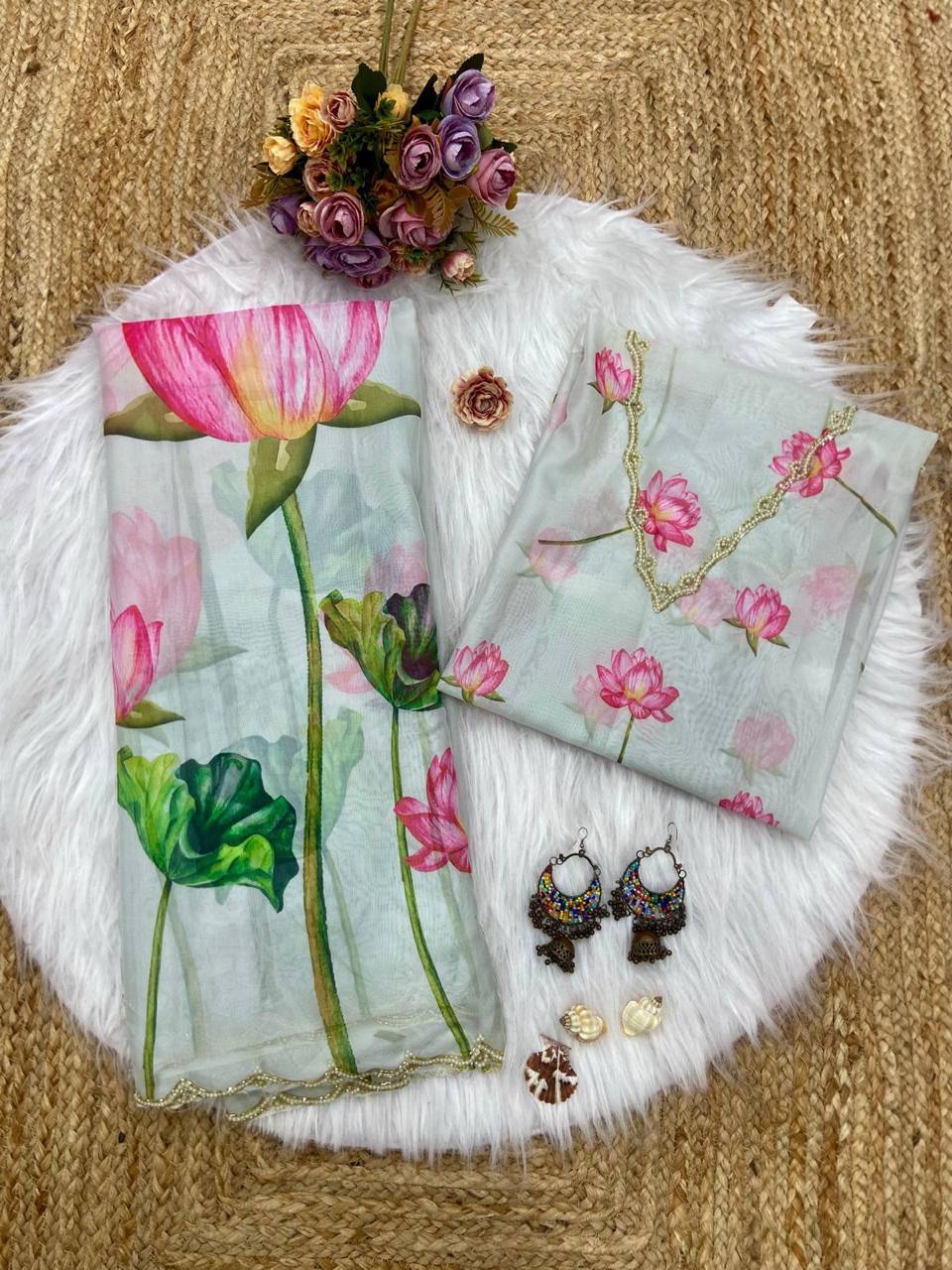 White Tebi Silk Digital Pink and Green Floral Print Flower Saree