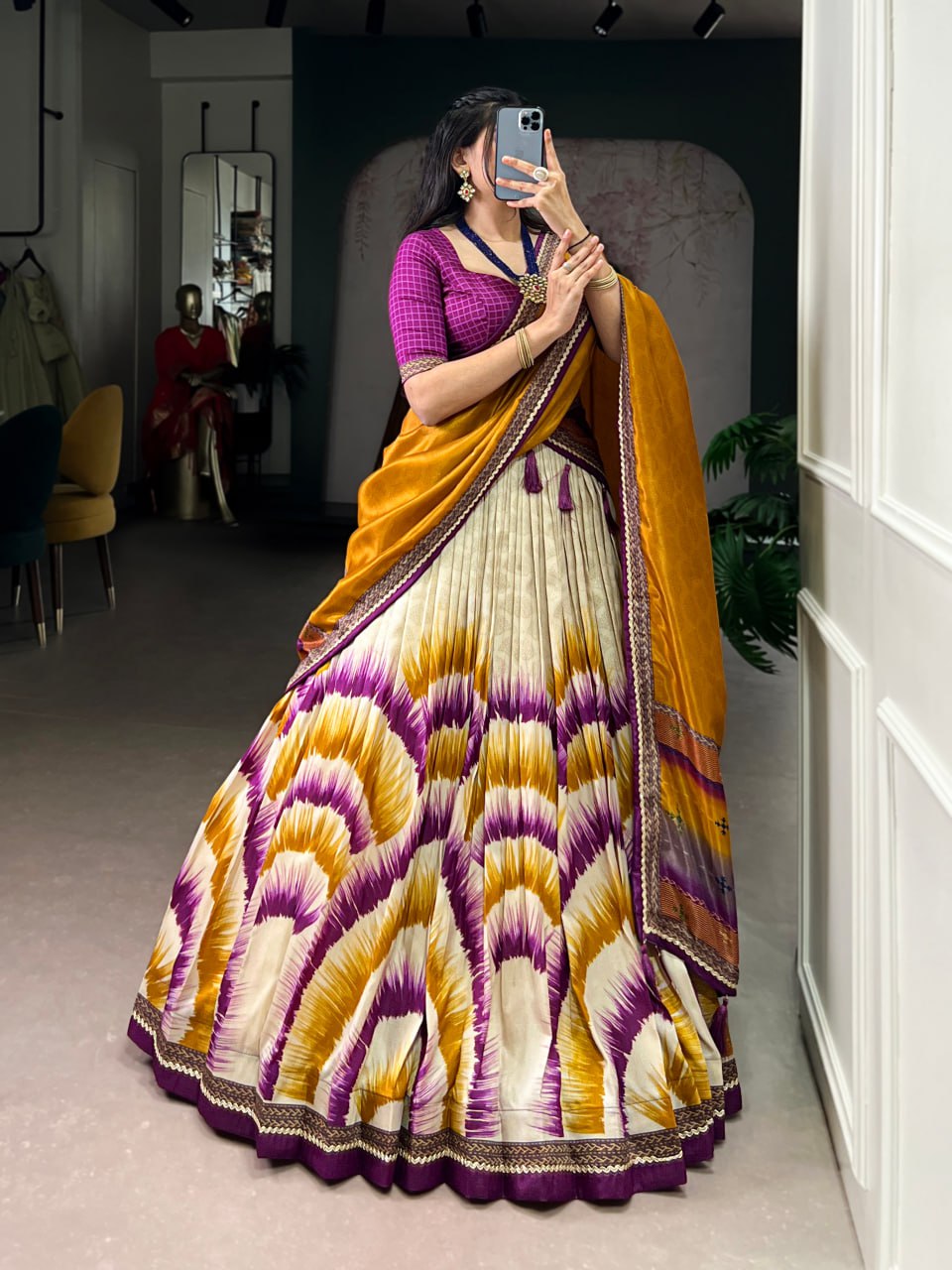 Wine and Cream Tasar Silk Tie-Dye Print Lehenga Choli with matching Dupatta