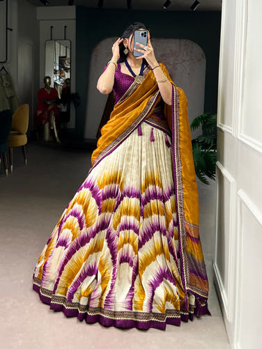 Wine and Cream Tasar Silk Tie-Dye Print Lehenga Choli with matching Dupatta