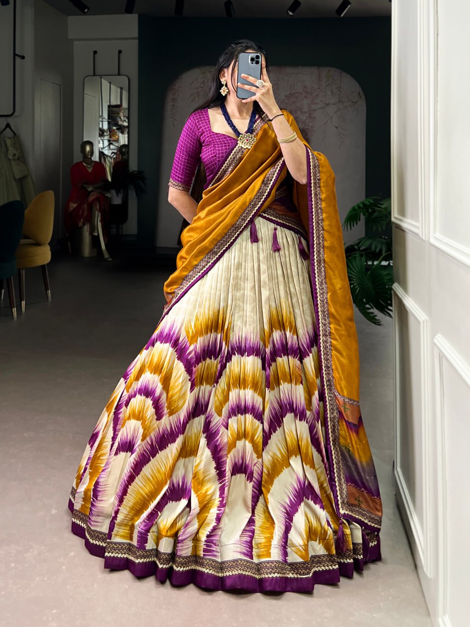 Wine and Cream Tasar Silk Tie-Dye Print Lehenga Choli with matching Dupatta