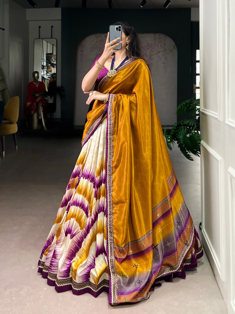 Wine and Cream Tasar Silk Tie-Dye Print Lehenga Choli with matching Dupatta
