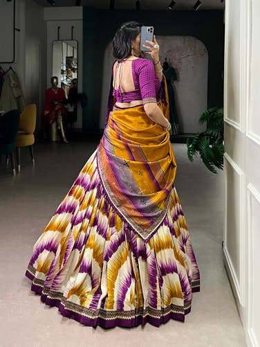 Wine and Cream Tasar Silk Tie-Dye Print Lehenga Choli with matching Dupatta