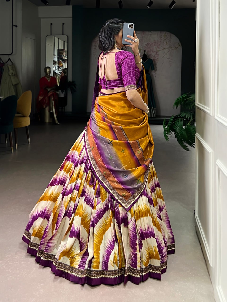 Wine and Cream Tasar Silk Tie-Dye Print Lehenga Choli with matching Dupatta