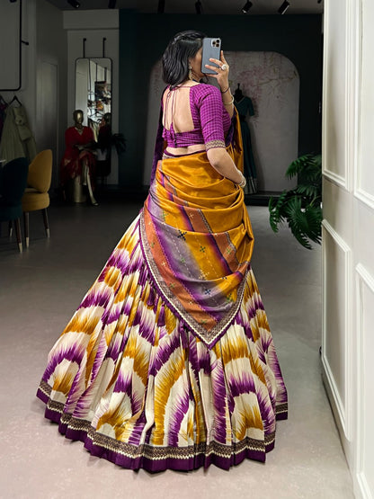 Wine and Cream Tasar Silk Tie-Dye Print Lehenga Choli with matching Dupatta