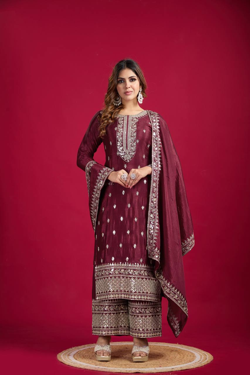 Wine Chinnon Silk Embroidered Top Pant and Dupatta For Party Wear
