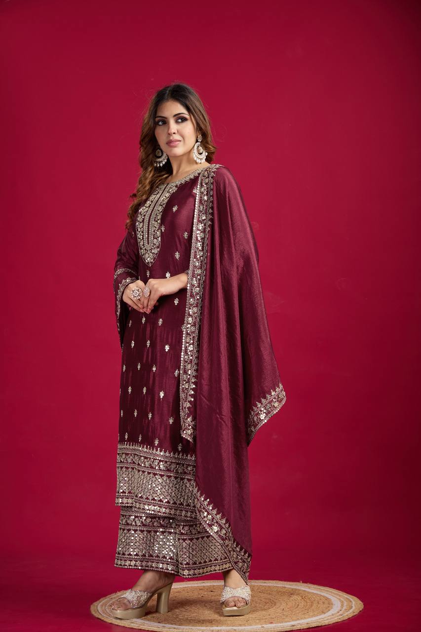 Wine Chinnon Silk Embroidered Top Pant and Dupatta For Party Wear