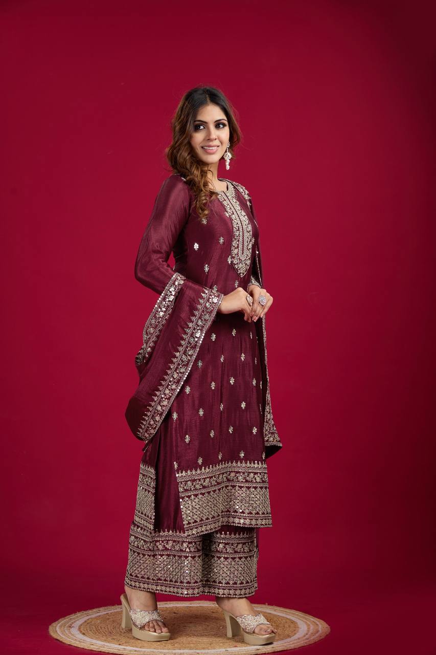 Wine Chinnon Silk Embroidered Top Pant and Dupatta For Party Wear