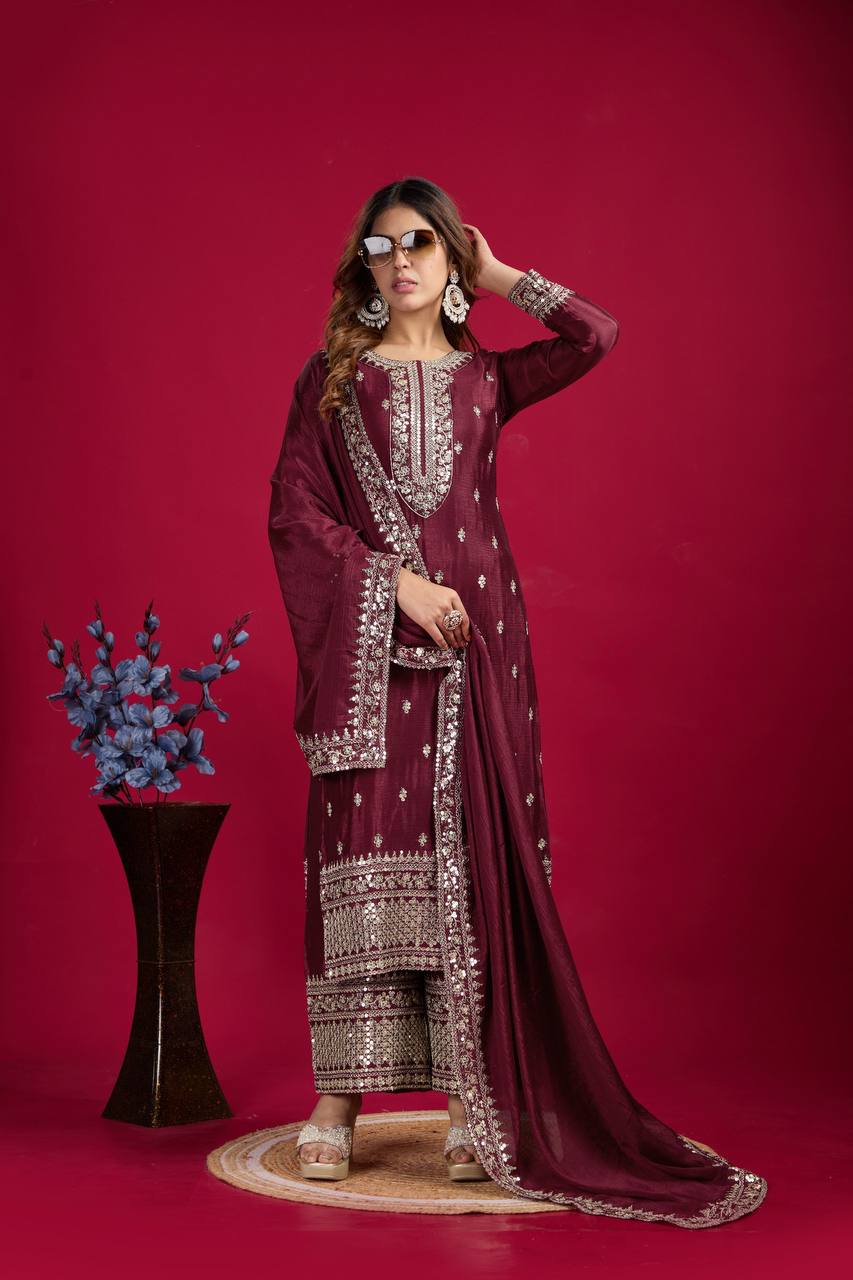 Wine Chinnon Silk Embroidered Top Pant and Dupatta For Party Wear