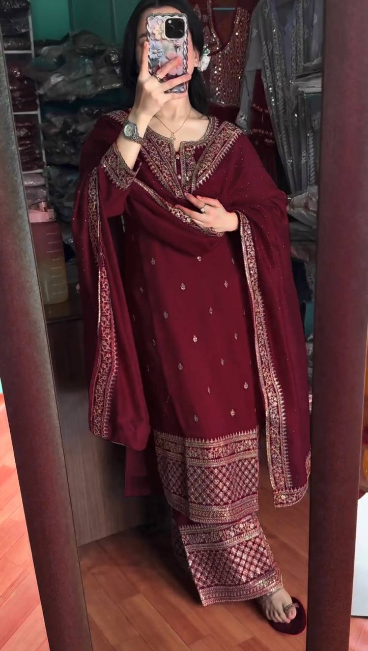 Wine Chinnon Silk Embroidered Top Pant and Dupatta For Party Wear