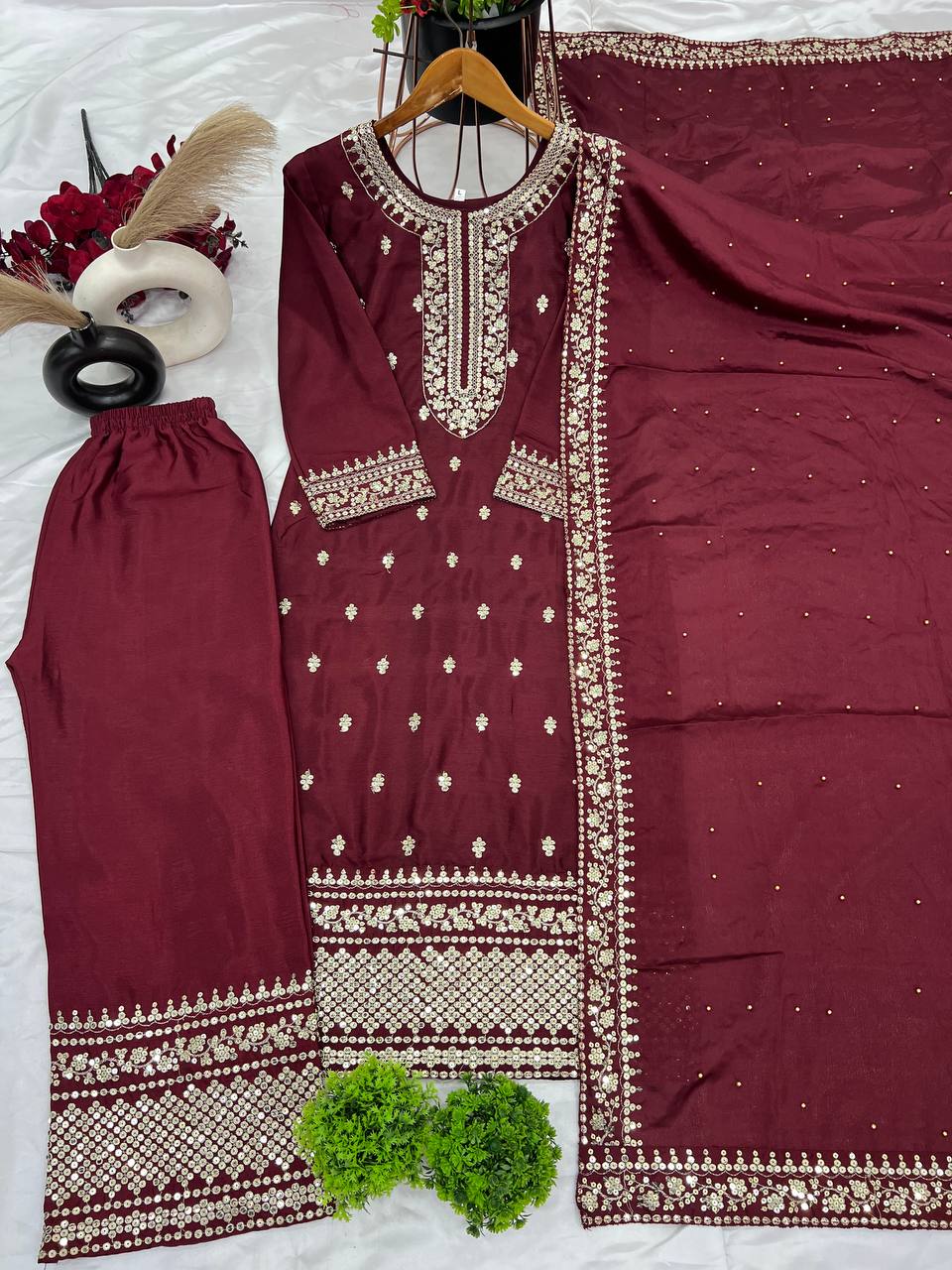 Wine Chinnon Silk Embroidered Top Pant and Dupatta For Party Wear