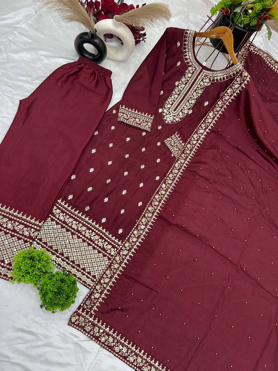 Wine Chinnon Silk Embroidered Top Pant and Dupatta For Party Wear