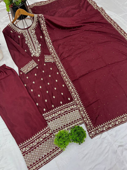 Wine Chinnon Silk Embroidered Top Pant and Dupatta For Party Wear