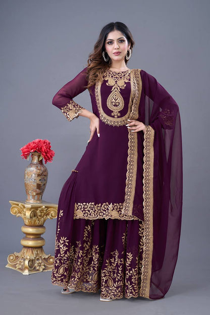 Wine Designer Blooming Faux Georgette Palazzo Top and Dupatta