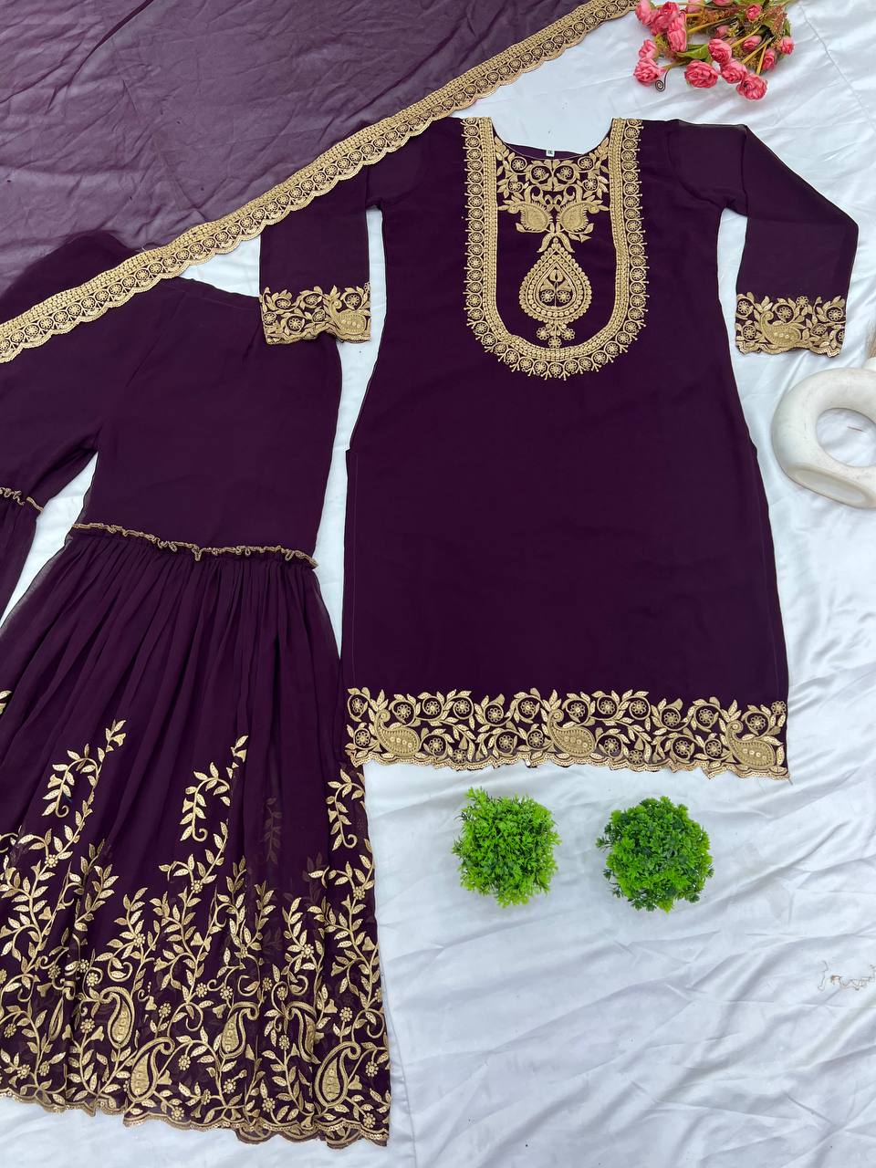 Wine Designer Blooming Faux Georgette Palazzo Top and Dupatta