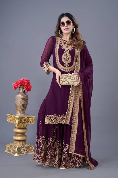 Wine Designer Blooming Faux Georgette Palazzo Top and Dupatta