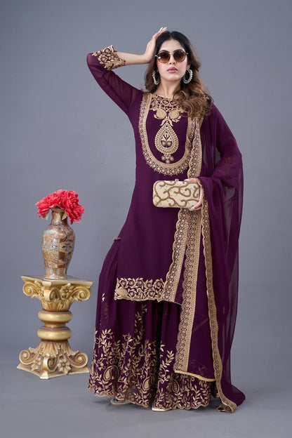 Wine Designer Blooming Faux Georgette Palazzo Top and Dupatta