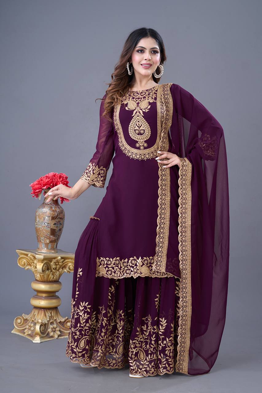 Wine Designer Blooming Faux Georgette Palazzo Top and Dupatta