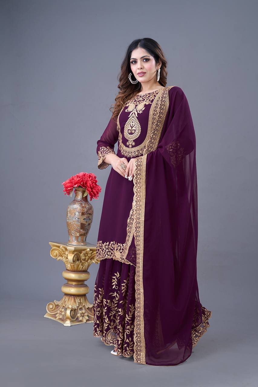 Wine Designer Blooming Faux Georgette Palazzo Top and Dupatta