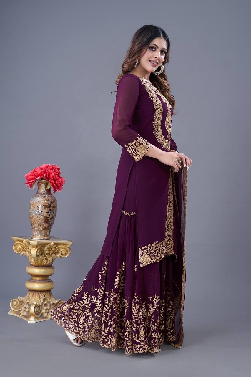 Wine Designer Blooming Faux Georgette Palazzo Top and Dupatta