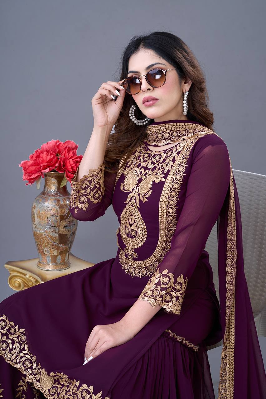 Wine Designer Blooming Faux Georgette Palazzo Top and Dupatta