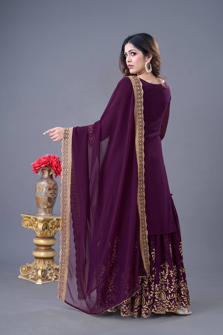 Wine Designer Blooming Faux Georgette Palazzo Top and Dupatta