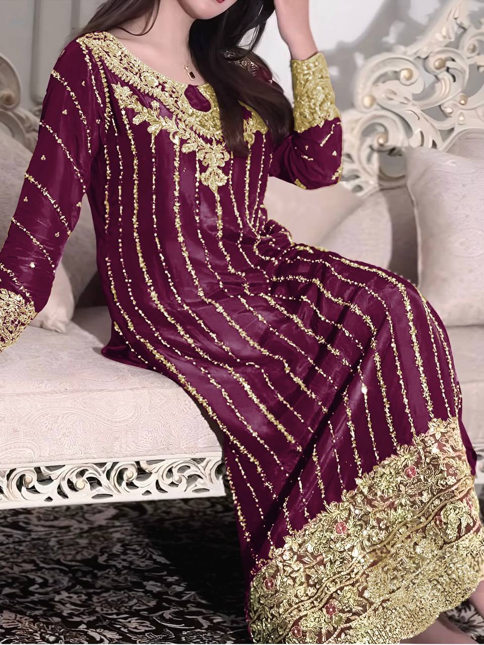 Wine Designer Chinon Silk Plazzo Long Top and Dupatta For Party Wear