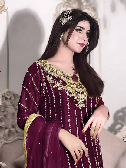 Wine Designer Chinon Silk Plazzo Long Top and Dupatta For Party Wear