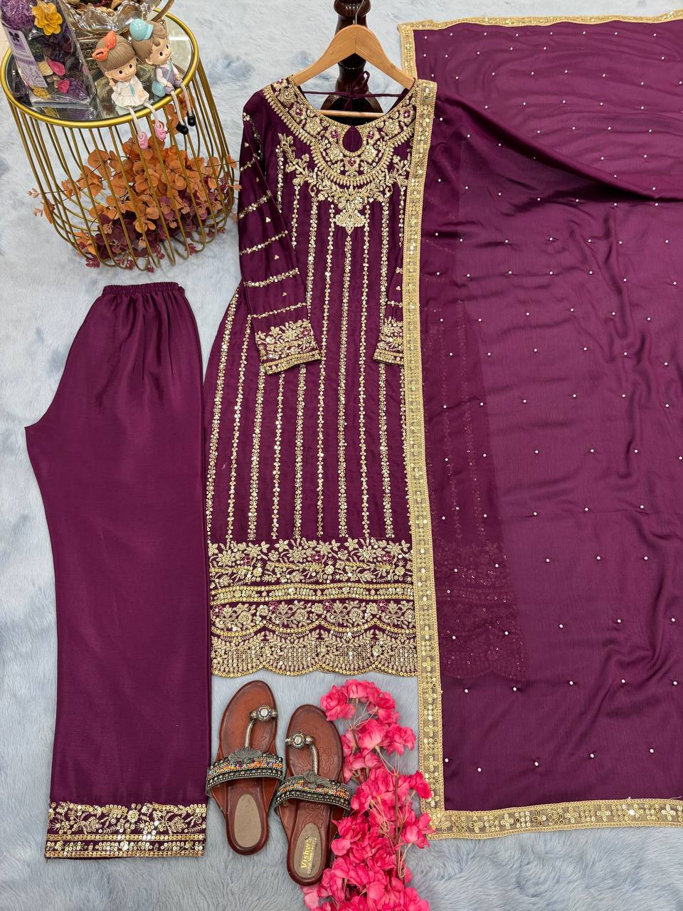 Wine Designer Chinon Silk Plazzo Long Top and Dupatta For Party Wear