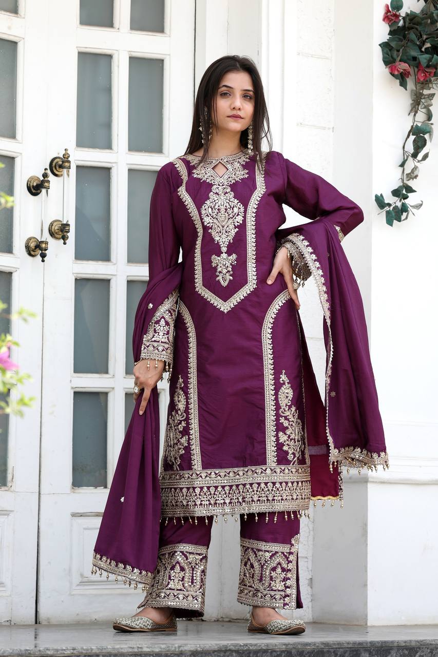 Wine Designer Chinon Silk Plazzo Top and Dupatta For Party Wear