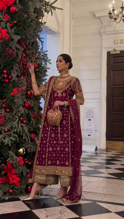 Wine Designer Faux Georgette Palazzo Top and Dupatta For Party Wear
