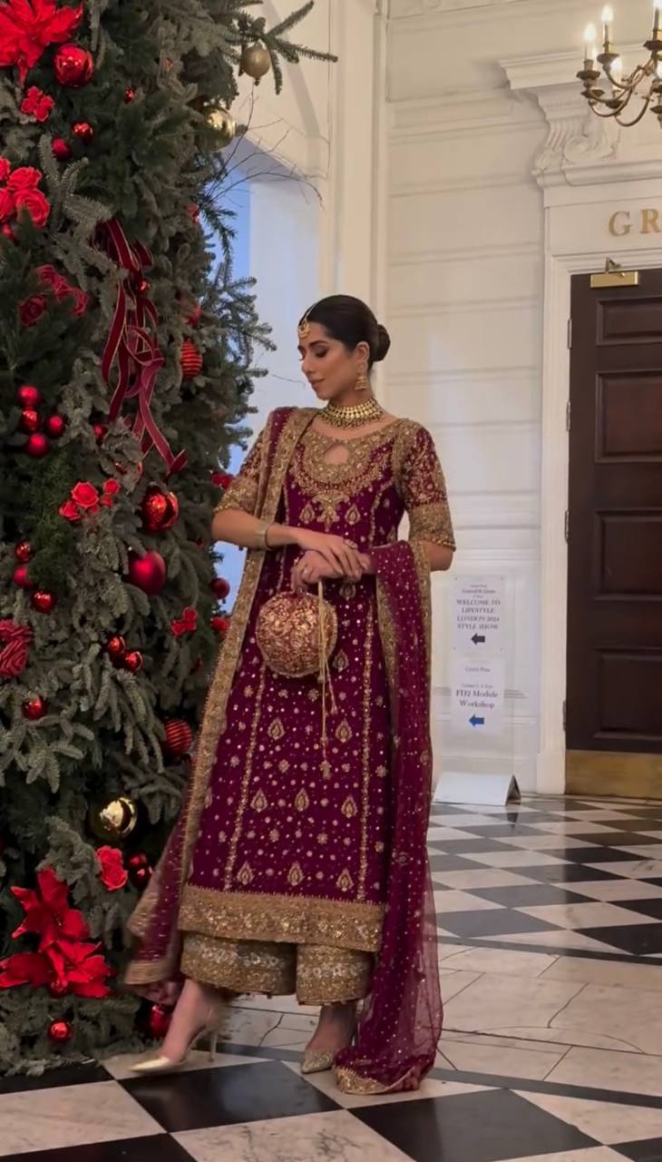 Wine Designer Faux Georgette Palazzo Top and Dupatta For Party Wear