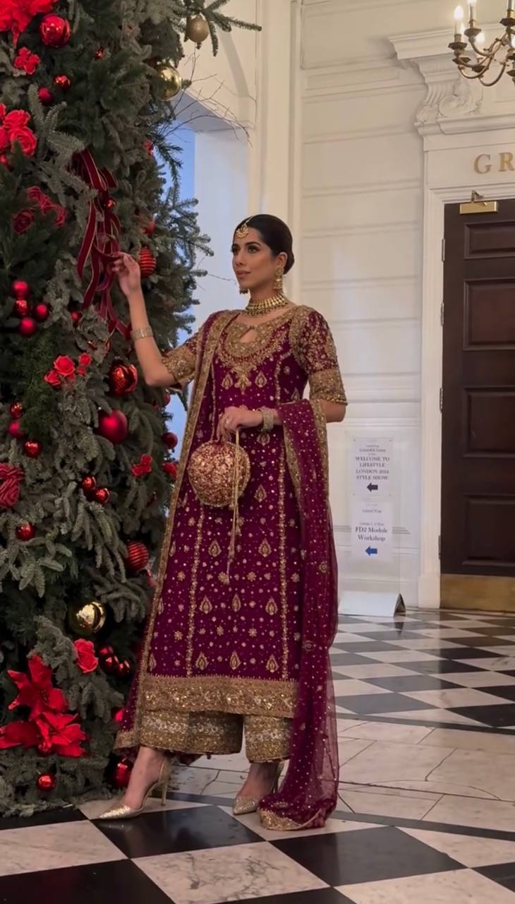 Wine Designer Faux Georgette Palazzo Top and Dupatta For Party Wear