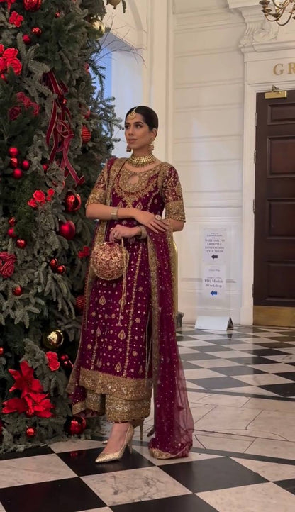Wine Designer Faux Georgette Palazzo Top and Dupatta For Party Wear