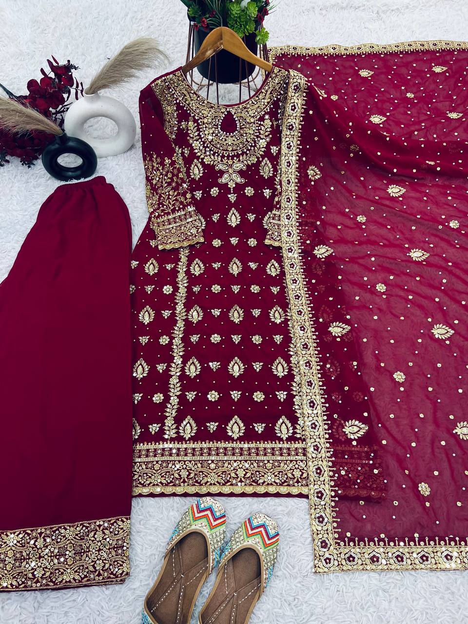 Wine Designer Faux Georgette Palazzo Top and Dupatta For Party Wear