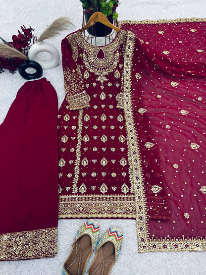 Wine Designer Faux Georgette Palazzo Top and Dupatta For Party Wear