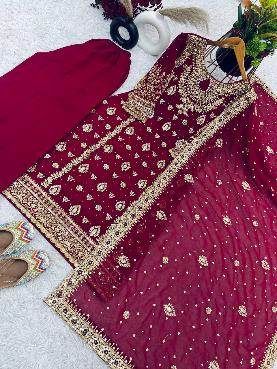 Wine Designer Faux Georgette Palazzo Top and Dupatta For Party Wear