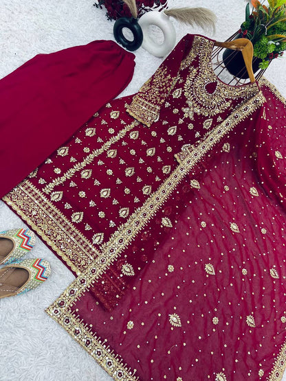 Wine Designer Faux Georgette Palazzo Top and Dupatta For Party Wear