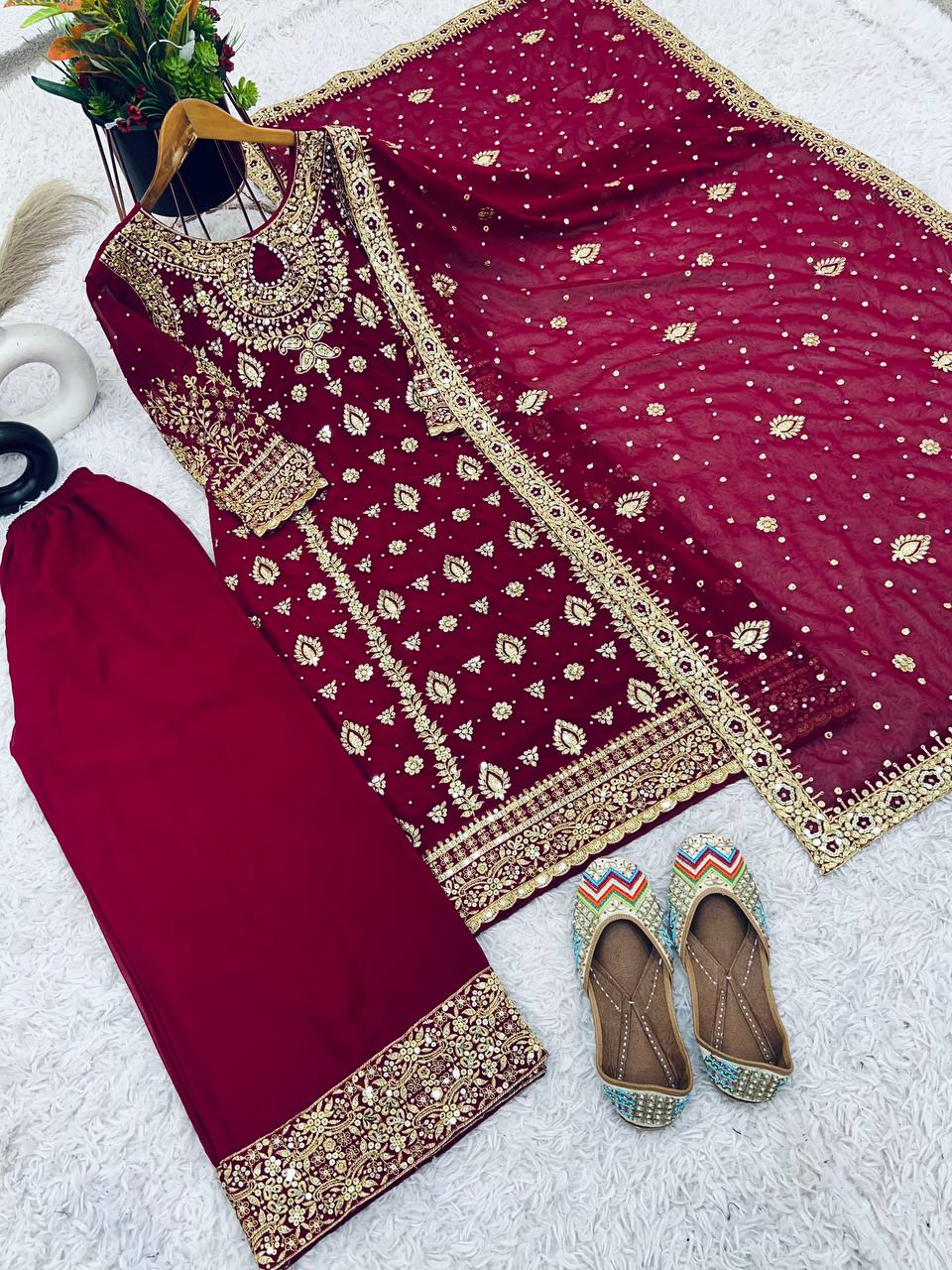 Wine Designer Faux Georgette Palazzo Top and Dupatta For Party Wear