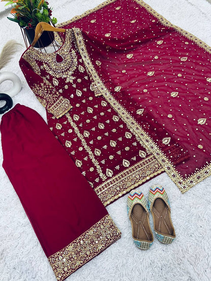 Wine Designer Faux Georgette Palazzo Top and Dupatta For Party Wear