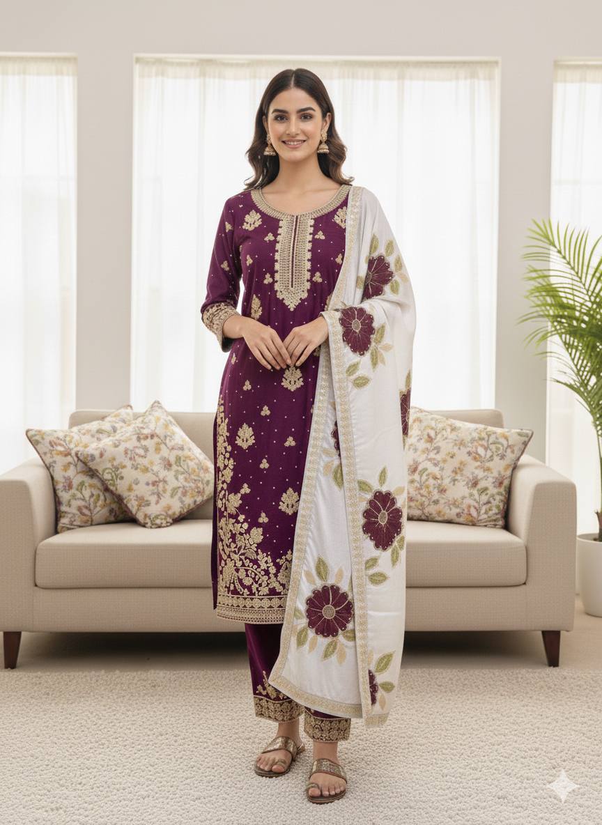 Wine Designer GMY Silk Embroidery Plazzo Suit and Dupatta