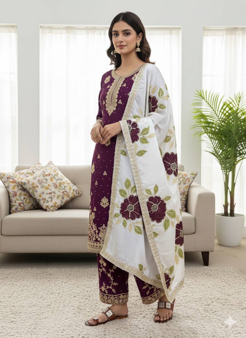 Wine Designer GMY Silk Embroidery Plazzo Suit and Dupatta