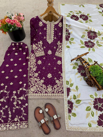 Wine Designer GMY Silk Embroidery Plazzo Suit and Dupatta