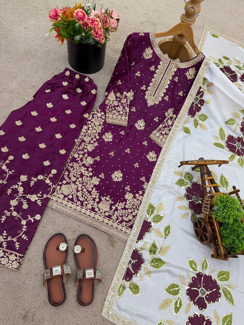 Wine Designer GMY Silk Embroidery Plazzo Suit and Dupatta