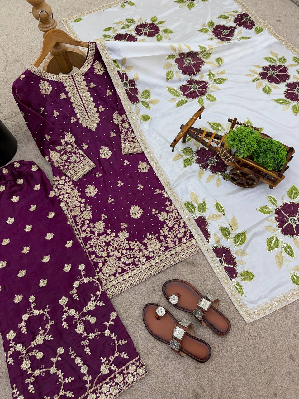 Wine Designer GMY Silk Embroidery Plazzo Suit and Dupatta